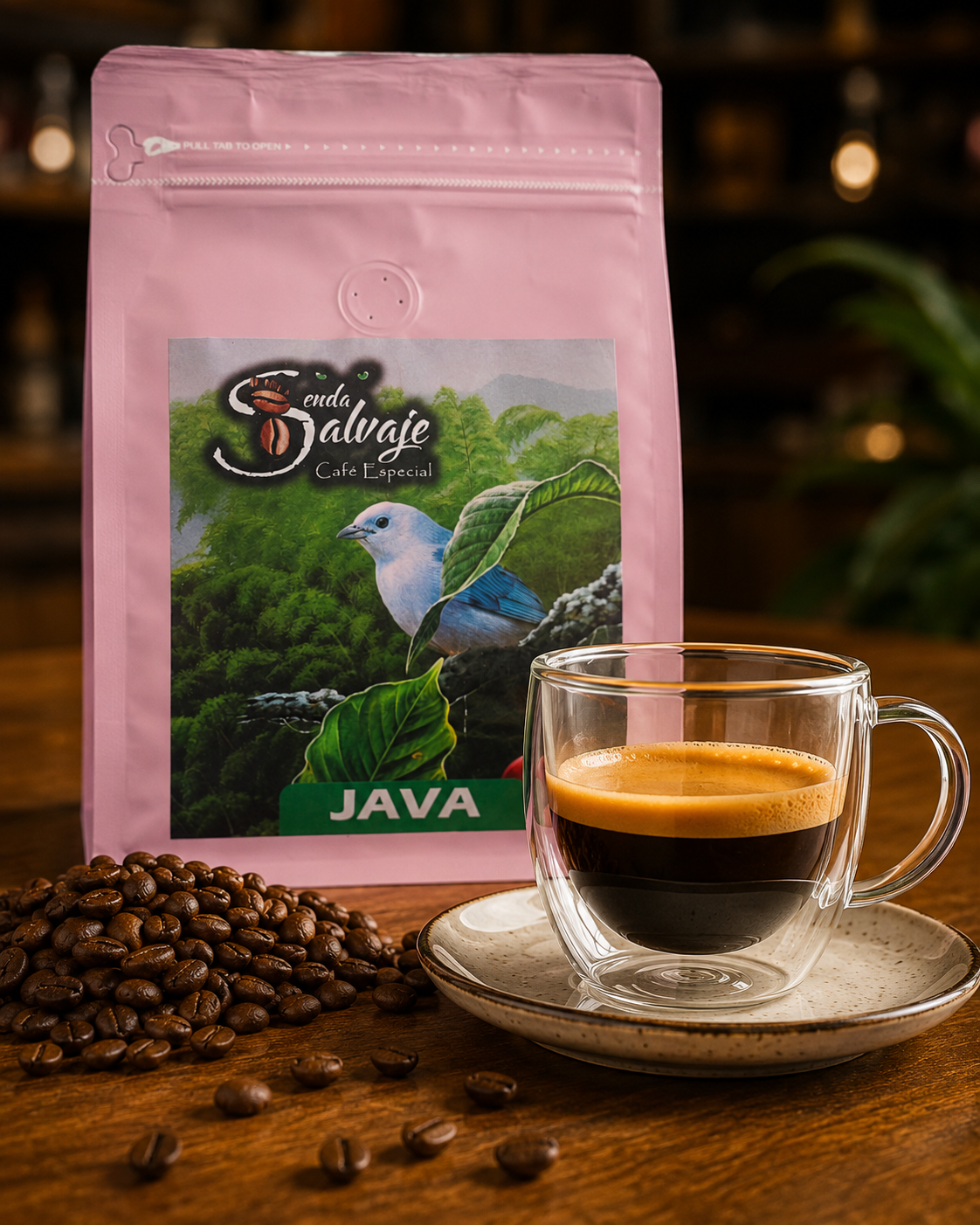 café orgánico Java 250 g - Café Java Senda Salvaje presentado con espresso de especialidad y granos de café tostado en una escena premium de cafetería.