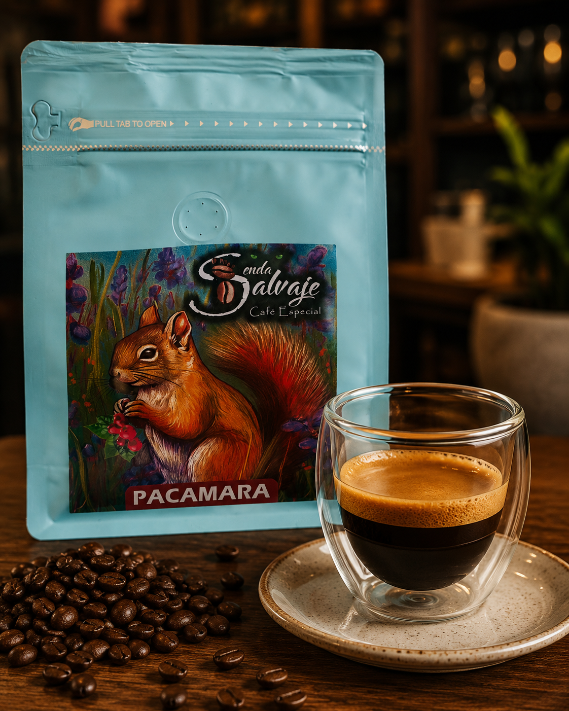 café orgánico Pacamara 250 g - Bolsa de café Pacamara Senda Salvaje acompañada de espresso con crema dorada y granos de café sobre mesa de madera.