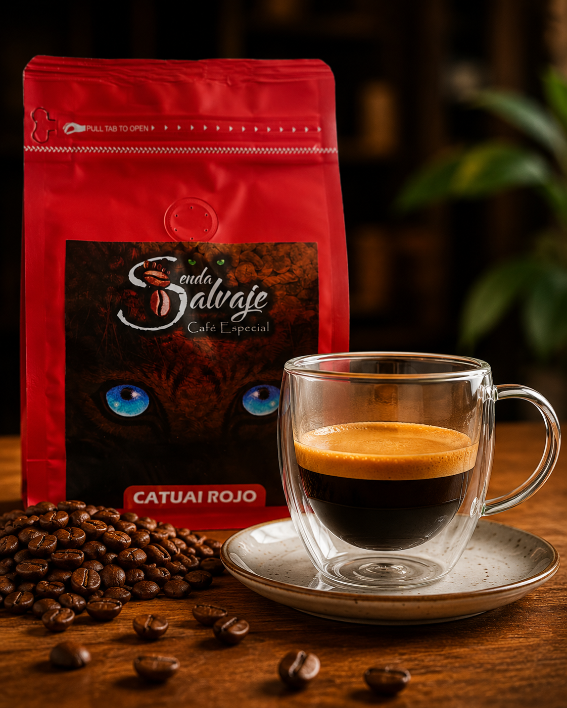 café orgánico Catuaí 250 g - Café Catuai Rojo Senda Salvaje con espresso recién preparado y granos de café seleccionados en fotografía publicitaria premium.